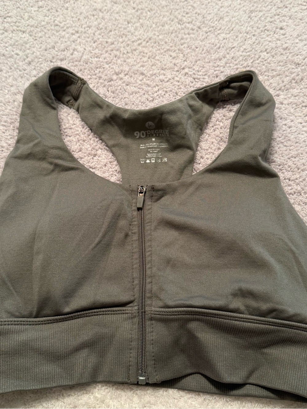 90 Degree By Reflex Olive Zip-Front Sports Bra